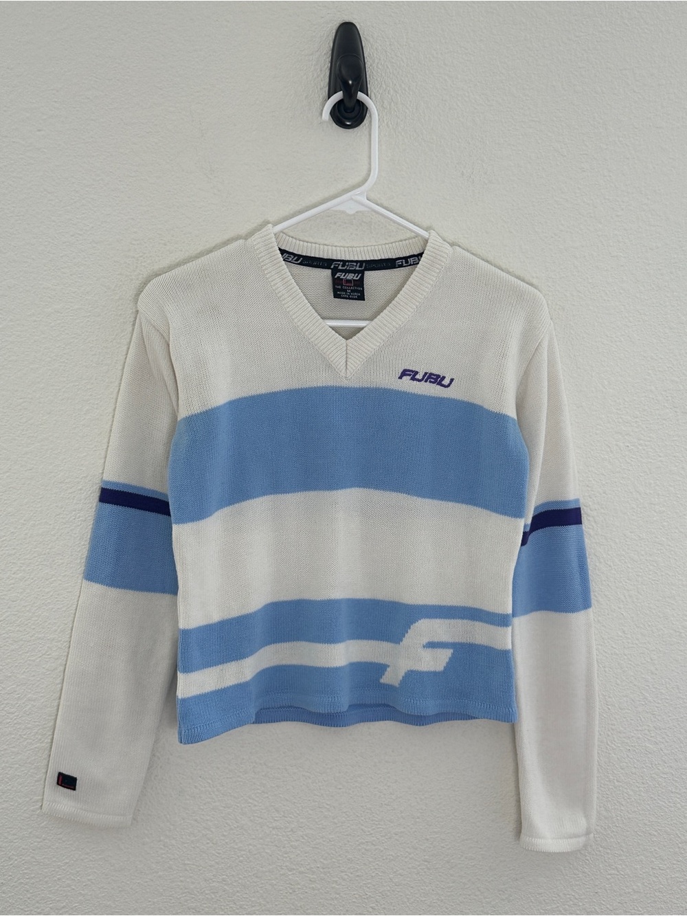 FUBU Vintage 90s 2000s Y2K Pastel Blue White Striped V-Neck Knit Sweater Small S